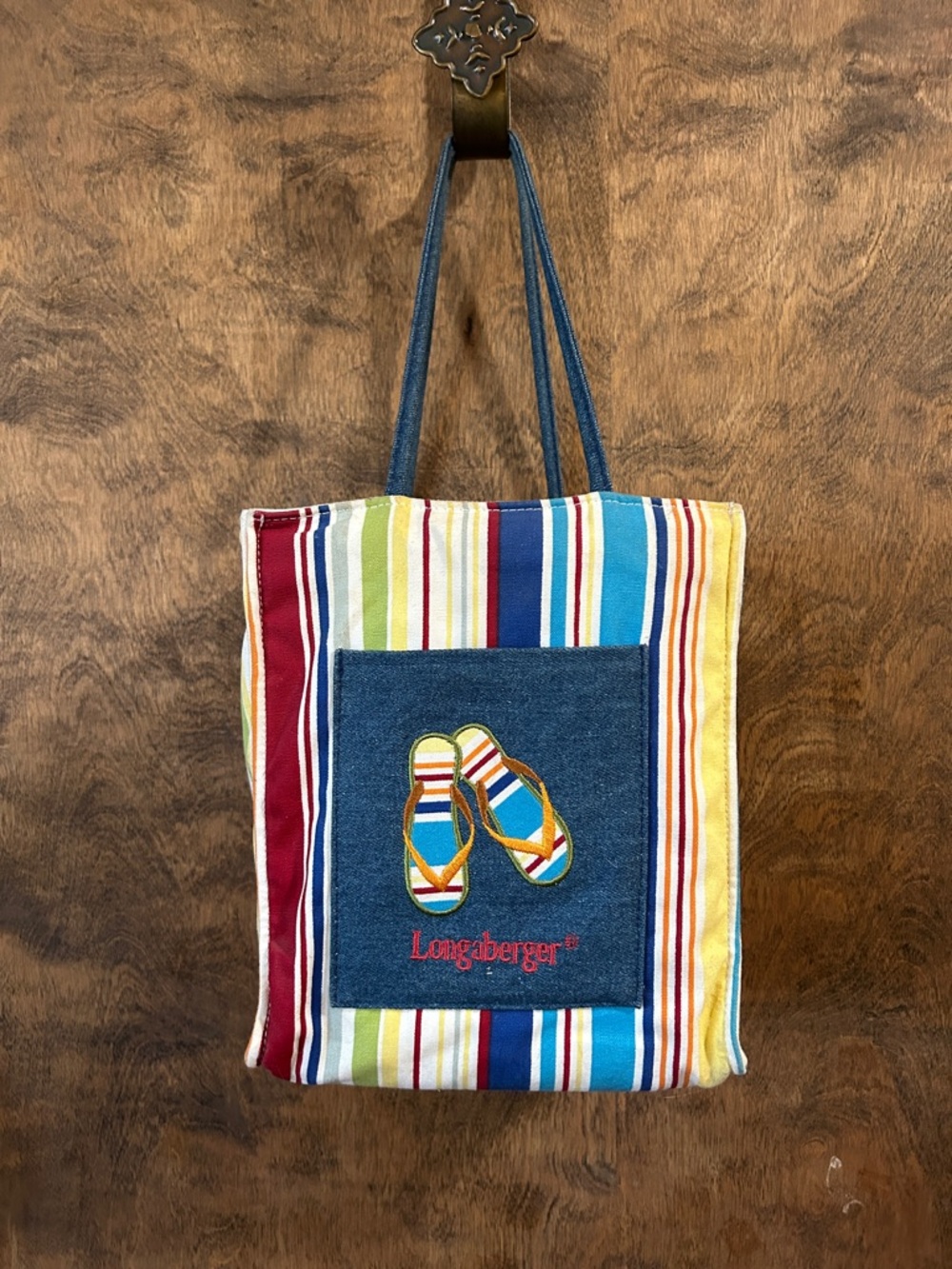 Longaberger Multicolor Striped Canvas Tote with Denim Pocket